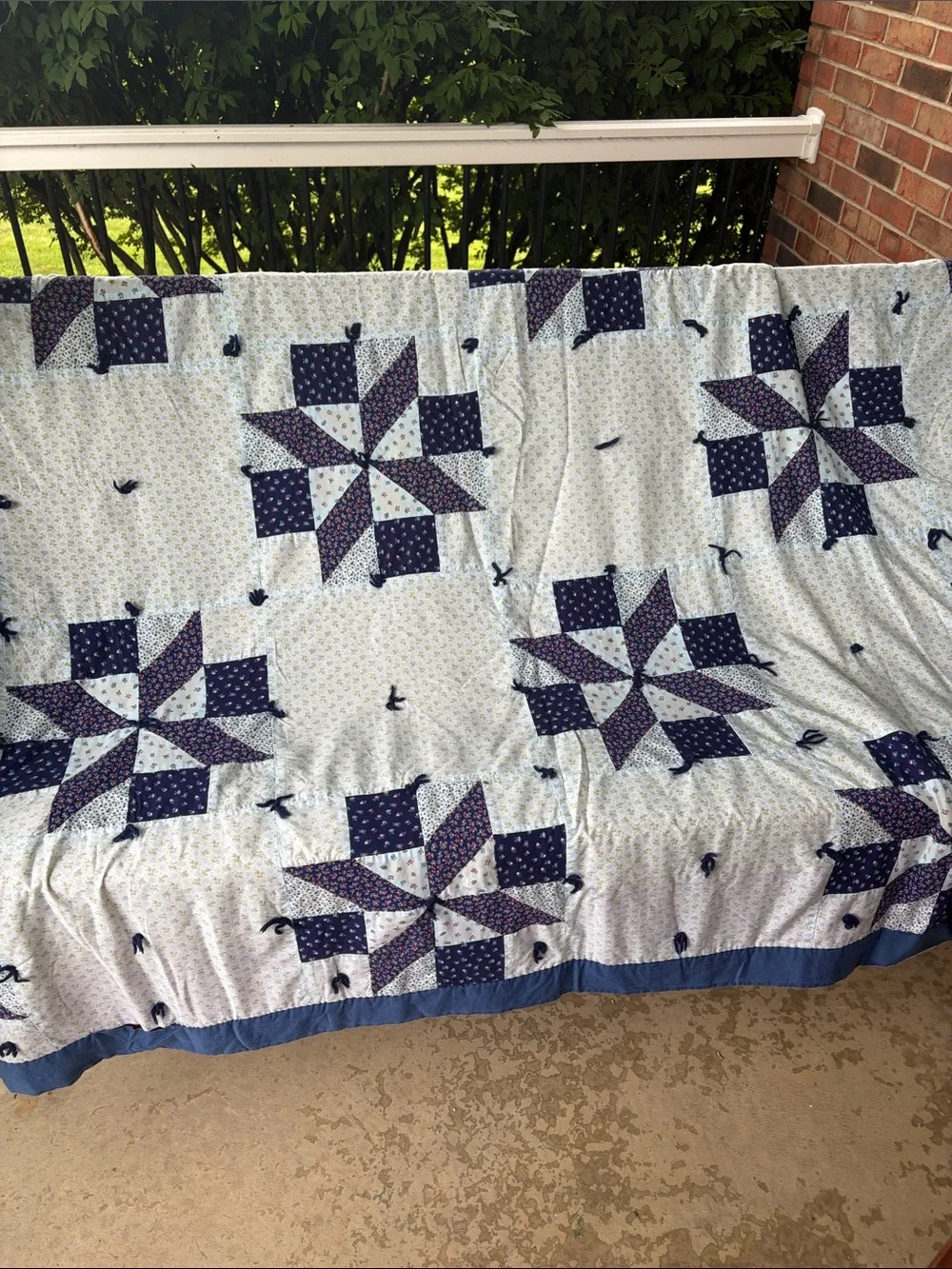 Handmade Blue Star Patchwork Quilt - Granny Cottage Core